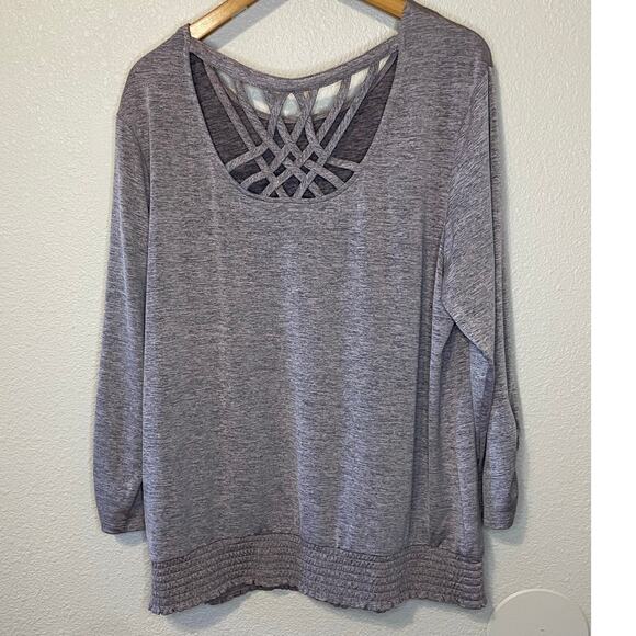 Apt. 9 Long Sleeve Cross Strap Low Back Smocked Waist Top XL Heathered Gray Pink - Picture 2 of 11